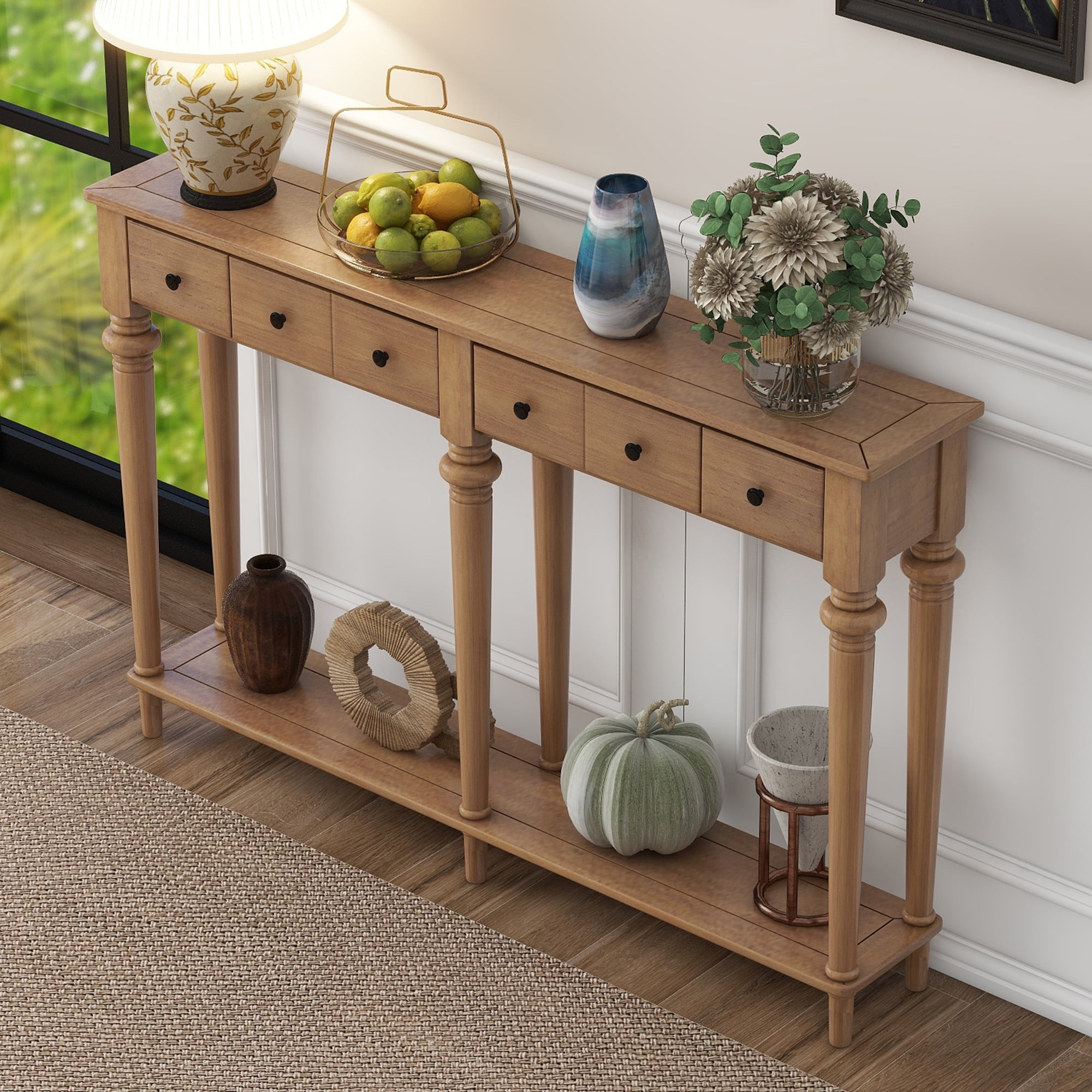 MAYEERTY Vintage Console Table with 4 Drawers, Entryway Table with Open Shelf for Hallway & Living Room, Old Pine