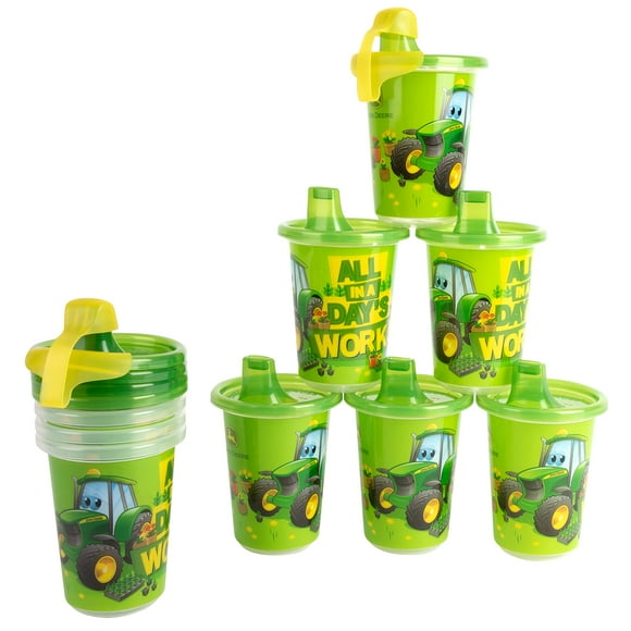 The First Years Gobelets à Bec John Deere - Gobelets Réutilisables pour Tout-Petits avec Couvercles - Pack de Fête pour Enfants avec 2 Bouchons de Voyage - 10 Oz - 10 Unités