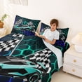 thumbnail image 3 of Erosebridal Speed Sports Car Queen Sheet Sets for Kids Boys, Neon Teal Blue Honeycomb Bed Set, 1 Flat Sheet, 1 Fitted Sheet and 2 Pillowcases, 3 of 5