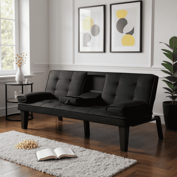 BSHTI 65” Futon Convertible Sofa Bed,3 Angles for Adjusting Backrest,with 2 Cup Holders,Twin Size,Removable Pillow Arm Sofa Bed,Black Velvet