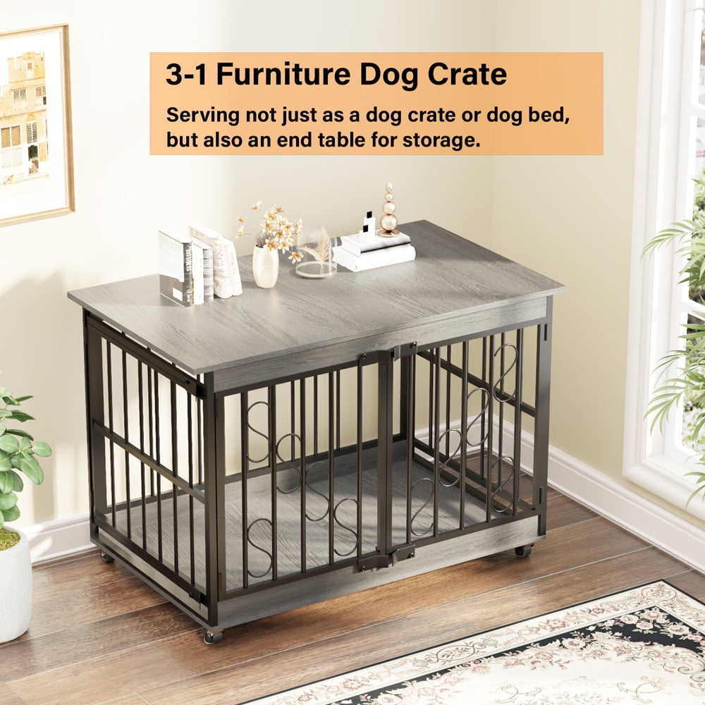 48" Heavy Duty Dog Crate Furniture, Double Door Dog Kennel with 360° Wheels, Decorative Indoor Pet House Table for XL Dogs, Gray