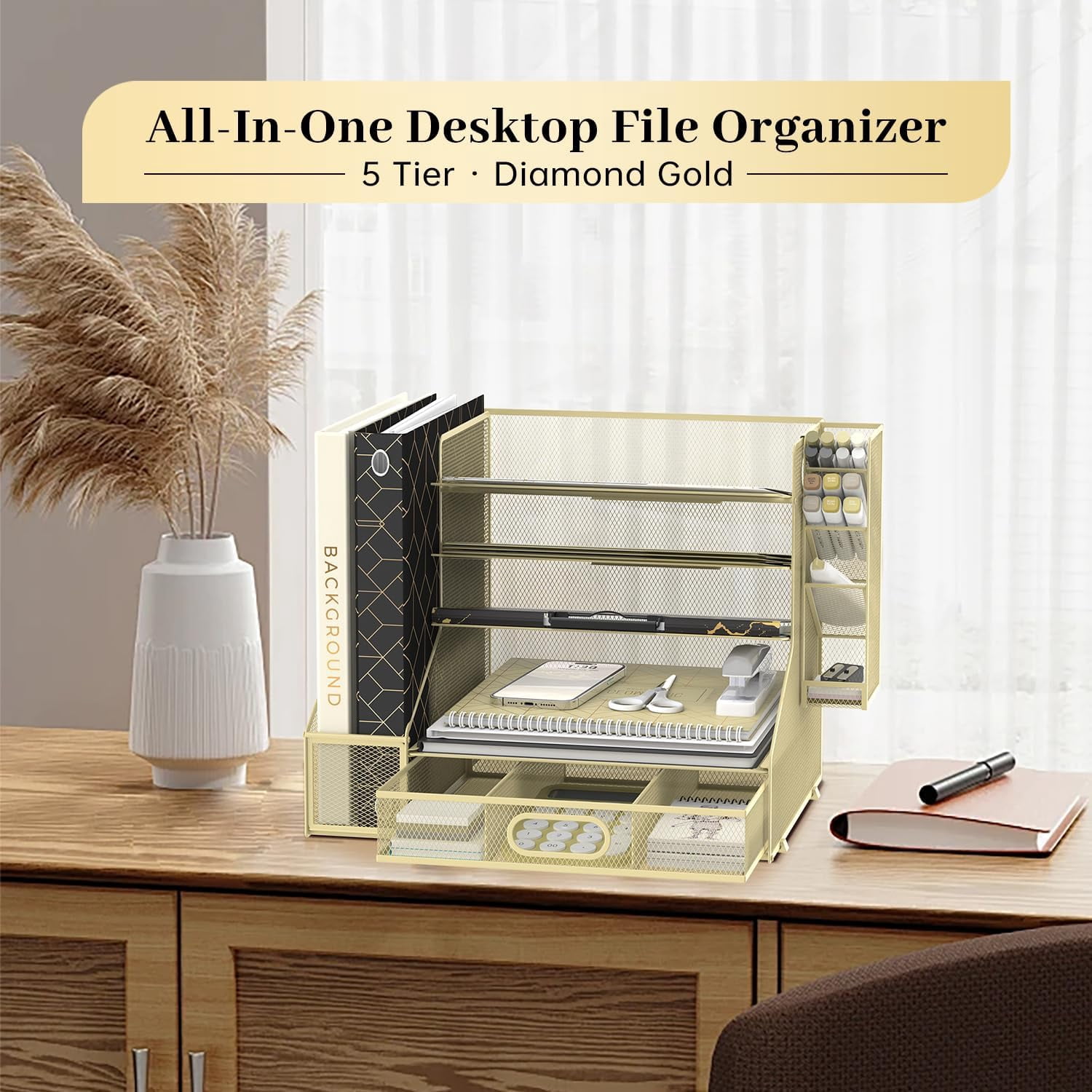 INTIGE 5-Tier Mesh Paper Organizer, Desk Organizer with File Holder, Pen Holder & Drawer for Desk Storage & Office Supplies