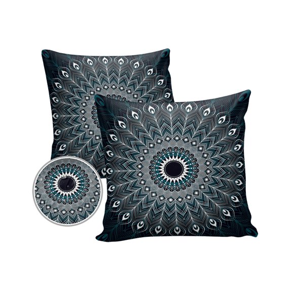 Pack of 2 Outdoor Pillow Covers, Rustic Vintage Wood Grain Board Brown Abstract Mandala Peacock Feather Pattern Waterproof Square Throw Pillowcase Cushion Pillow Covers for Couch Patio, 18x18 in