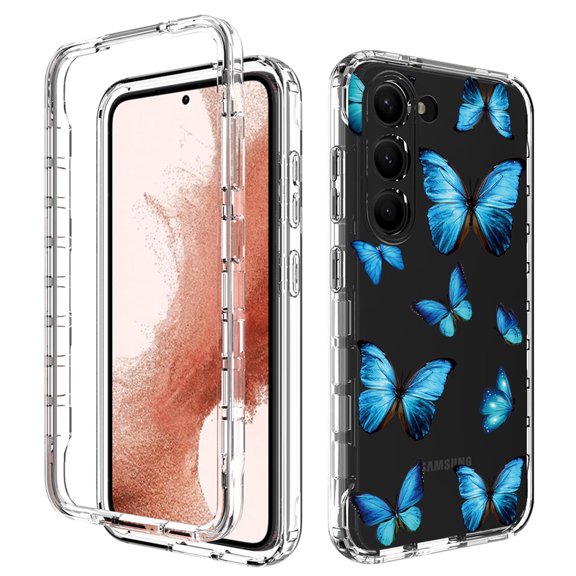 for Samsung Galaxy S23 Two-Layer Structure Case, Crystal Clear Shock Absorption Bumper Rugged Clear PC Back & Soft TPU Painted Pattern Design Shockproof Protective Cover, Butterfly