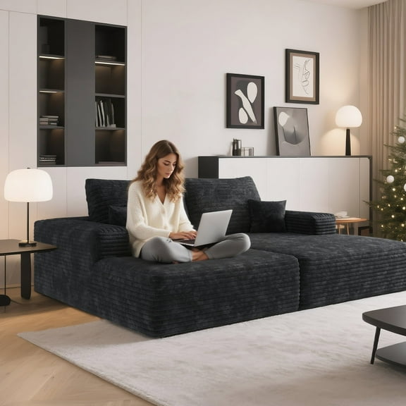 74.8" Oversized Double Chaise Lounge Sofa Bed, Plush Corduroy Cloud Couch with Deep Seat, No Assembly Sleeper, Sectional Sofa Loveseat for Living Room Bedroom, Black