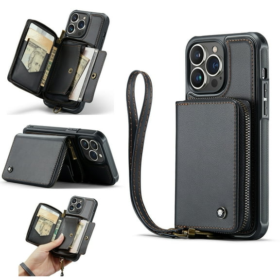 SaniMore for iPhone 14 Pro Max 6.7" 2022 Case, [Crossbody/Wrist Strap][Zipper Flip Wallet][Card Slots][Rifid Layer] PU Leather Retro 360° Protective Shockproof Cover for iPhone 14 Pro Max, Black