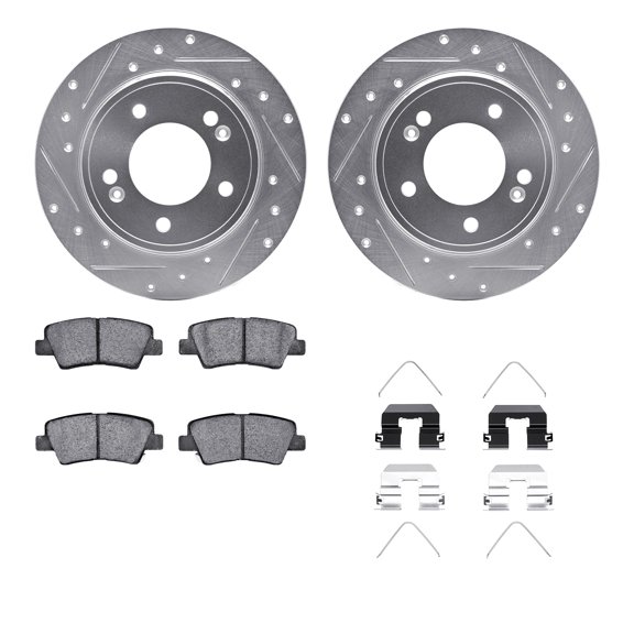 Dynamic Friction Company Rear Brake Rotors-Drilled and Slotted-Silver with 5000 Advanced Brake Pads includes Hardware 7512-21034