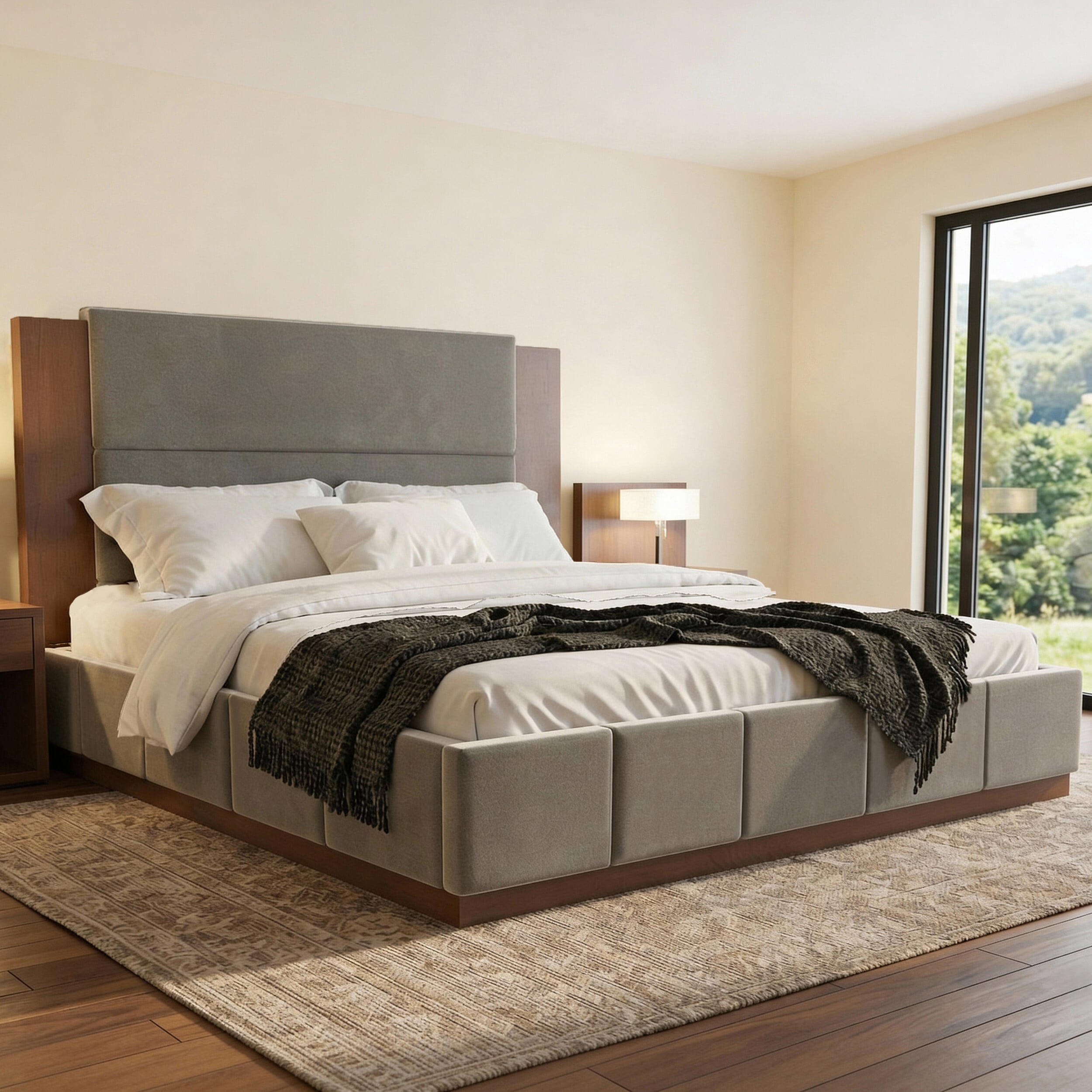 Euroco Upholstered King Size Platform Bed, Velvet Bed with High Wood Headboard, Grey