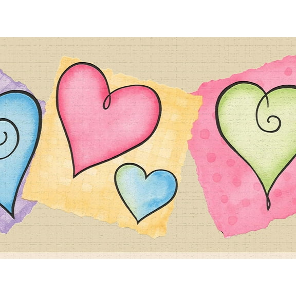 Dundee Deco's Peel and Stick Wallpaper Border - Kids Yellow Pink Purple Hearts Wall Border Retro Design, 15 ft x 7 in, Self Adhesive