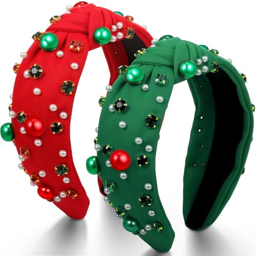 2 Pack Christmas Headband for Women Pearl Knotted Headband Hairband Rhinestone Jeweled Hairband Twist Wide Holiday Accessories Gifts for Christmas Valentine's Day(Red, Green)
