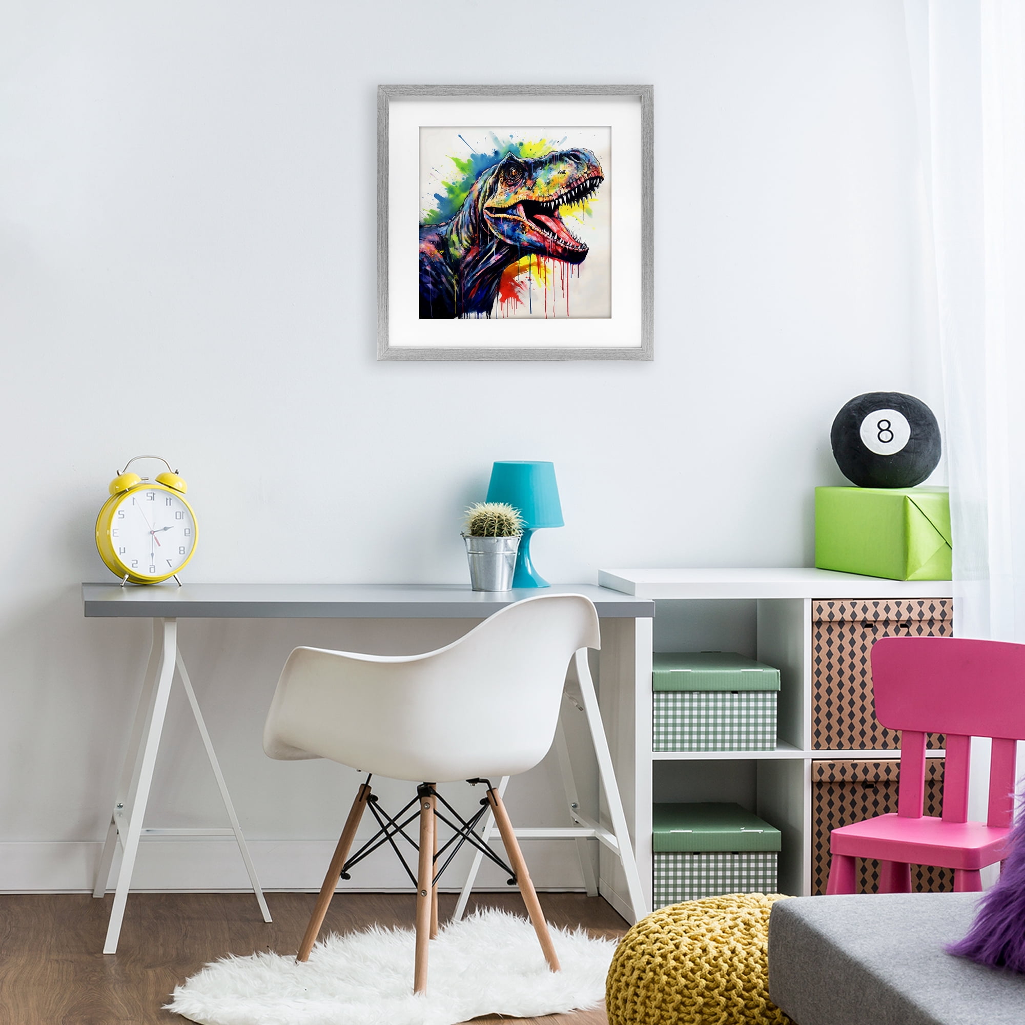 Stupell Industries Colorful T-Rex Roaring Gray Framed Print Under Glass, design by Creative Studio