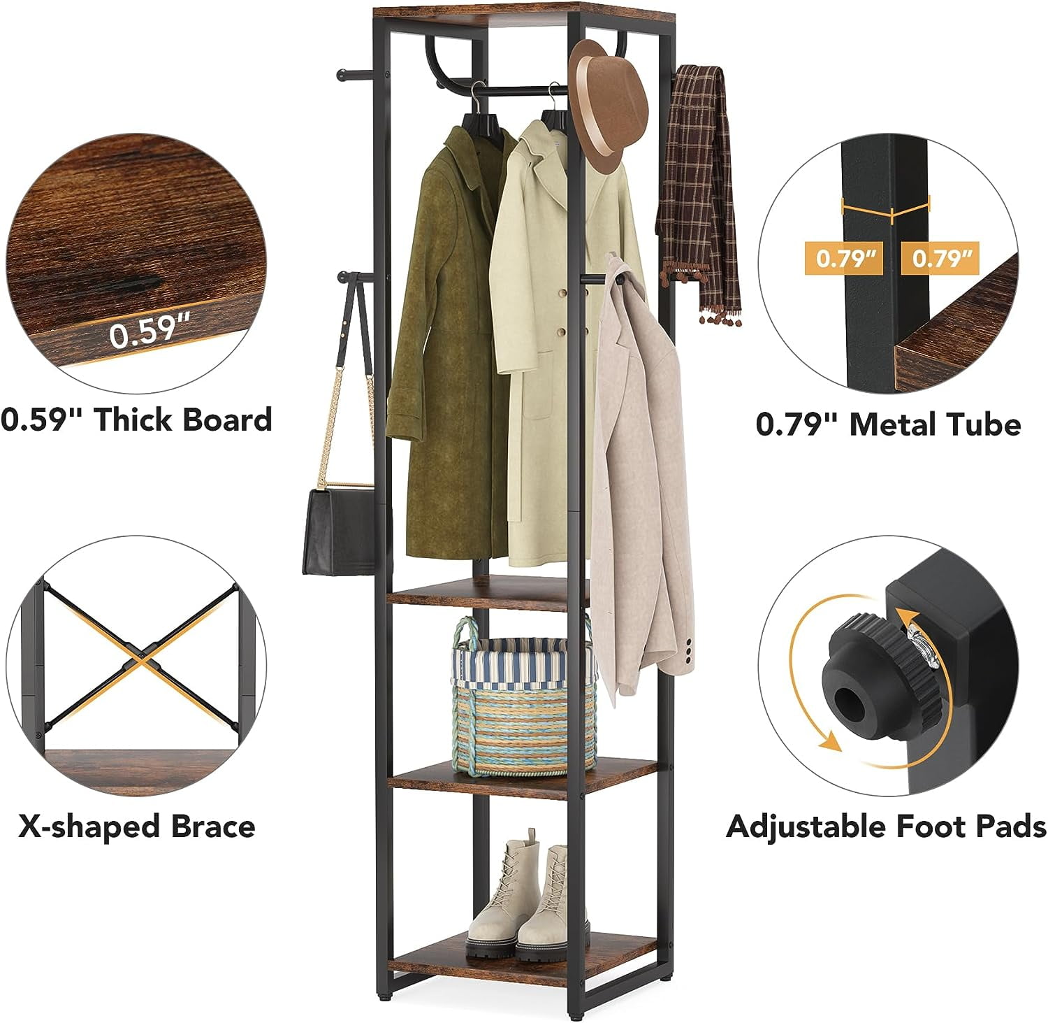 Tribesigns Coat Rack Freestanding Hall Tree with 4 Shelves and 8 Hooks for  Entryway, Rustic Brown 