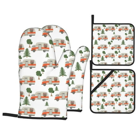 

Oven Mitts and Pot Holders 4 Piece Camp Van High Heat Slip Resistant Oven Mitt and Trivets Set Kitchen Oven Glove Pot Holders for Cooking Baking Grilling
