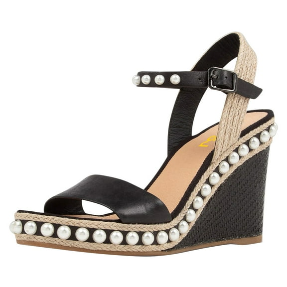 FSJ Women High Heel Round Open Toe Pearl Ankle Strap Sandal Platform Espadrille Wedges Buckle Sandals Casual Dressy Shoes Size 8 Black
