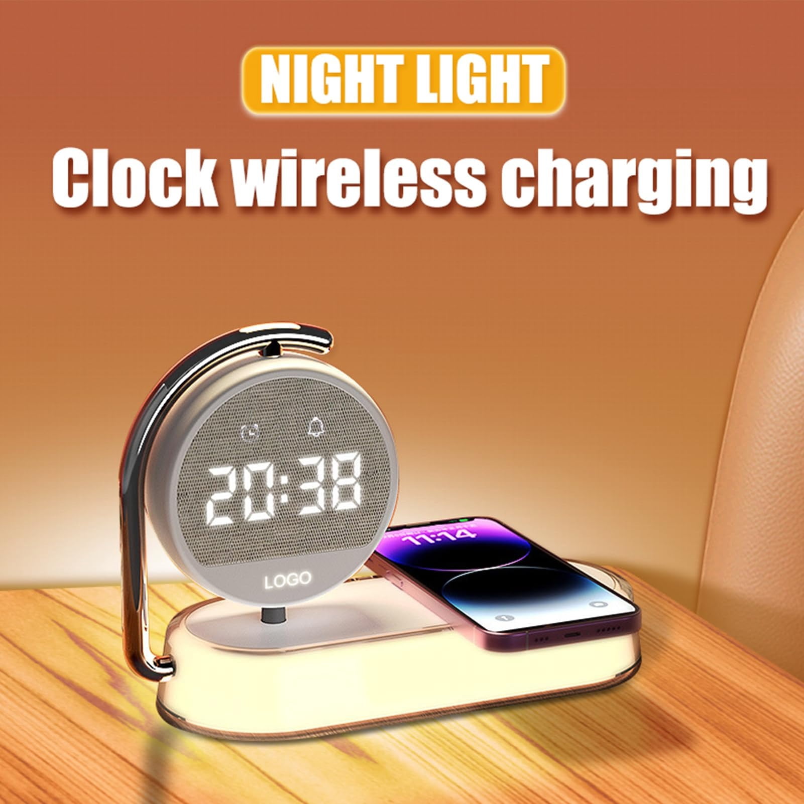 5-in-1 Smart Bedside Lamp – Wireless charger & digital clock, 15W fast charging for phones/headphones. Features 3-level night light, multi-protection alarm clock (White)