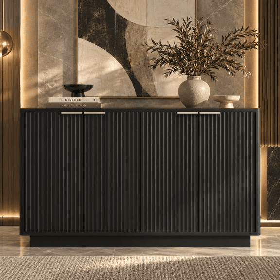 PORKISS 55.1" Fluted Sideboard, Modern Wood Buffet Cabinet with Storage, Accent Cabinet with Adjustable Shelves for Dining Room, Living Room & Entryway, Black