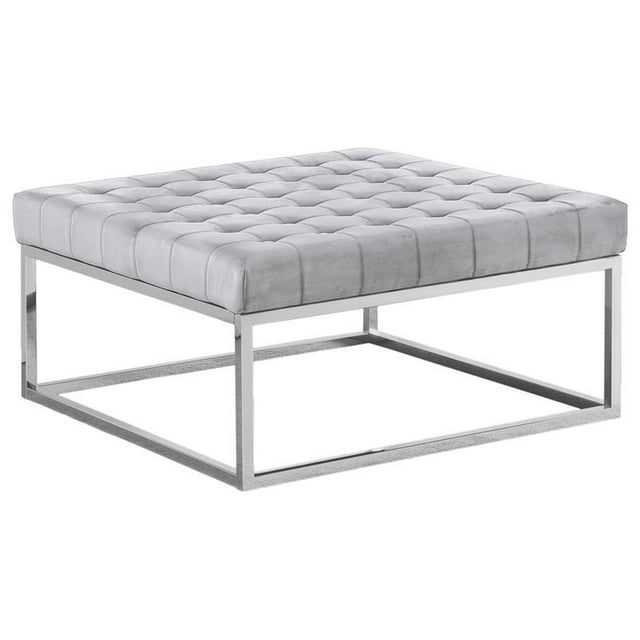 Bowery Hill Velvet Upholstery Square Ottoman Coffee Table Gray and Silver Base