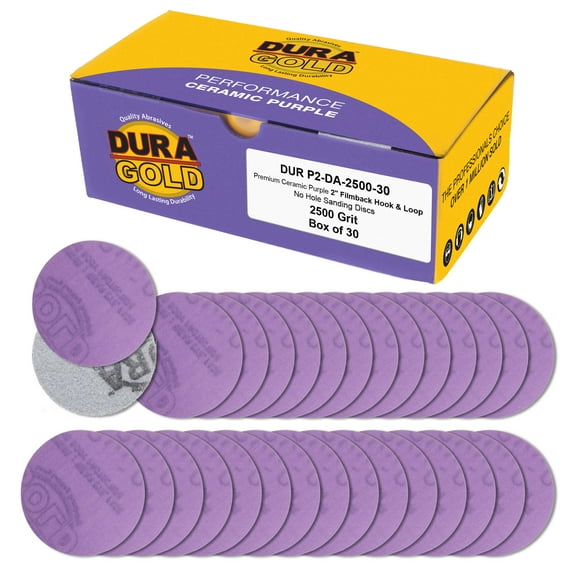 Dura-Gold Premium 2500 Grit 2" Purple Film Ceramic Sanding Discs, Box of 30 - Hook & Loop Backing Sandpaper for DA Sander, Drill, Grinder, Rotary Tool - Sand Auto Body Paint, Metal, Wood, Woodworking