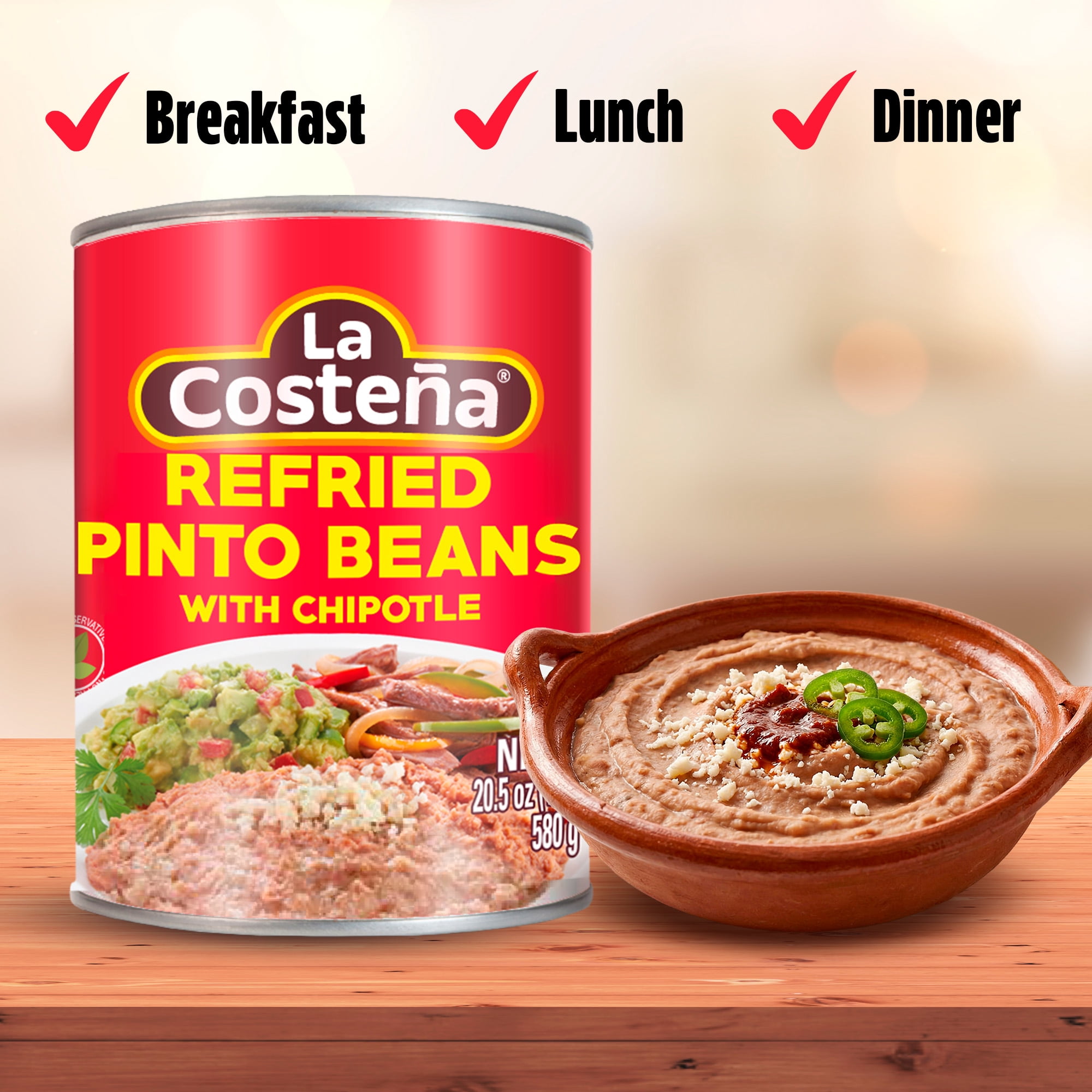 (12 pack) La Costeña Canned Refried Pinto Beans with Jalapeno Pepper, 20.5 oz