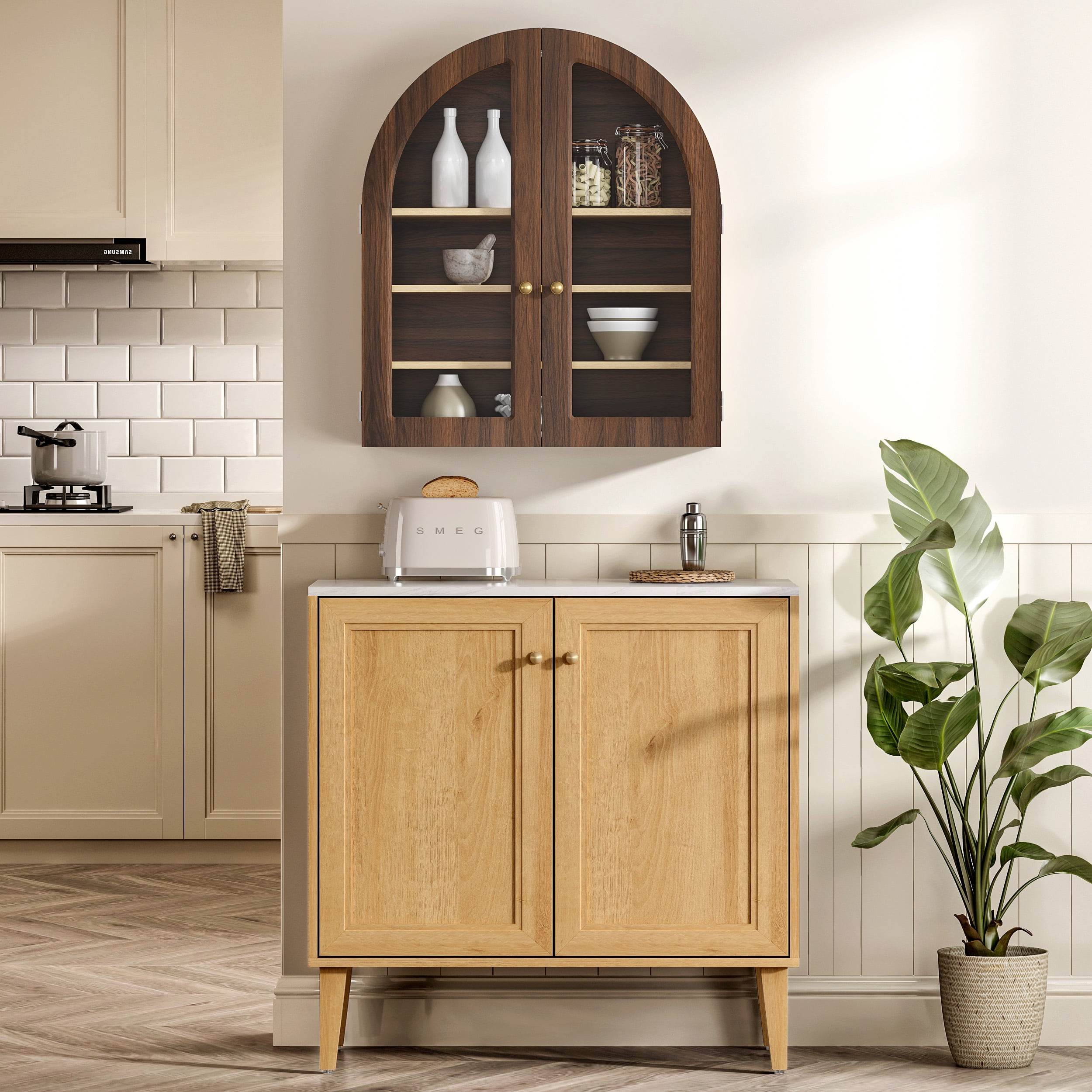 EYYTHUNG Modern Arched Wall Cabinet, Large Medicine Cupboard, Farmhouse Bathroom Storage Cabinet with Door Adjustable Shelf, Brown Oak