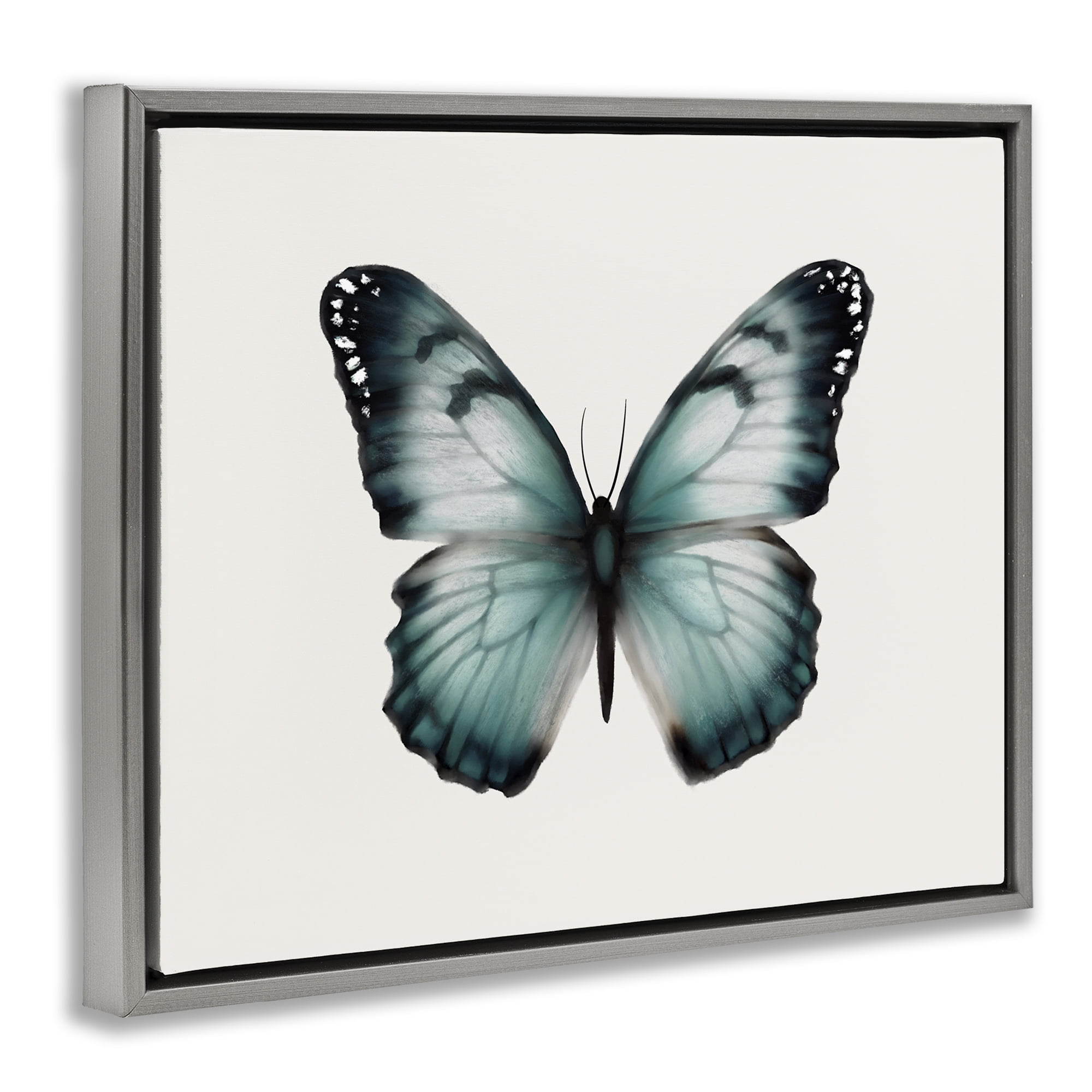 Stupell Industries Teal Symmetrical Butterfly Animals Painting Gray Floater Framed Canvas Art Print Wall Art, 21 x 17