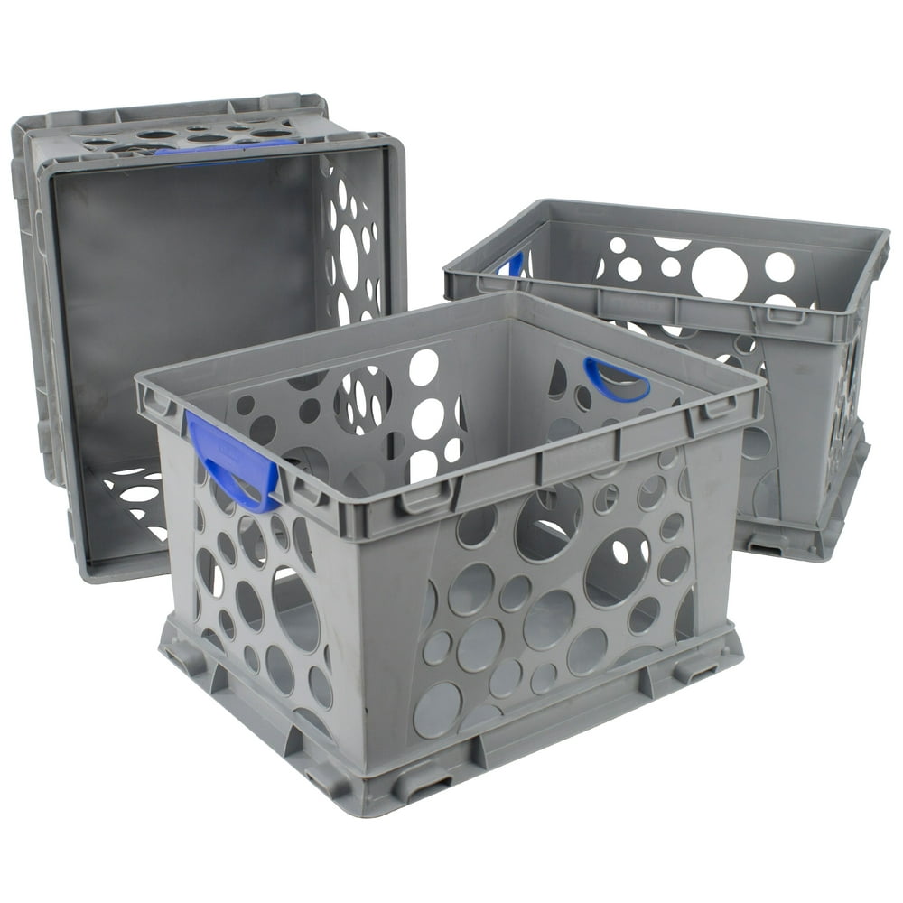 Storex Storage and Filing Crates with Comfort Handles,Gray (3 units