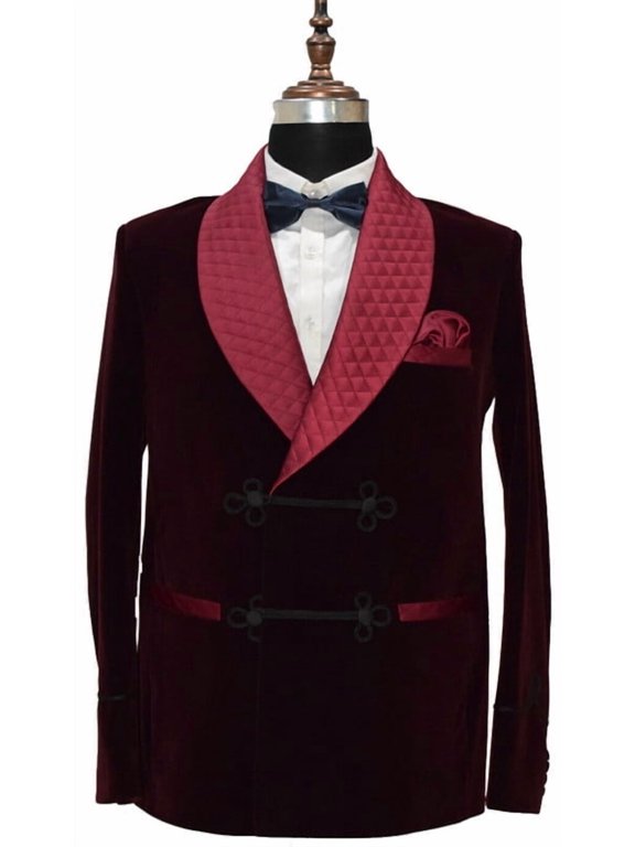 Mens Maroon Velvet Smoking Jacket Frogging Style Evening Wear