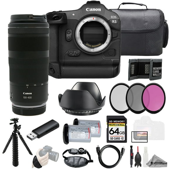 Canon EOS R3 Camera   RF 100-400mm f/5.6-8 IS USM Lens  64GB   Ext Bat  3 PC Filter- Kit (International Version)