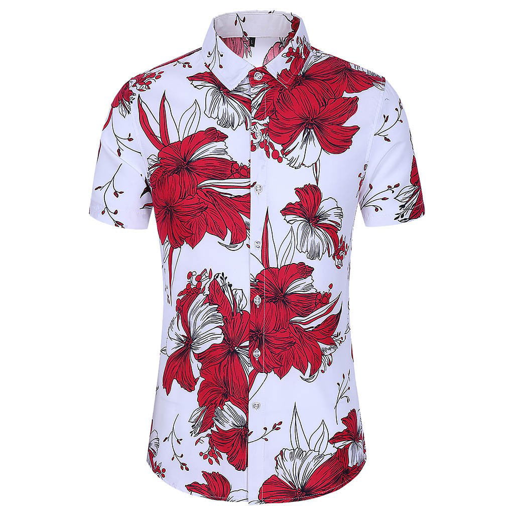 Shirts for Men Stand Collar Hawaii Holiday Floral Button Down T Shirt Short Sleeve Office Undershirt