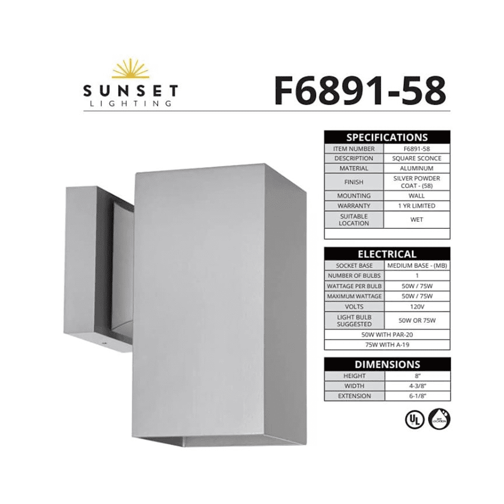 Sunset F6891-58 1-Light Silver Powder Coat Square Outdoor Cylinder Light Wall Sconce