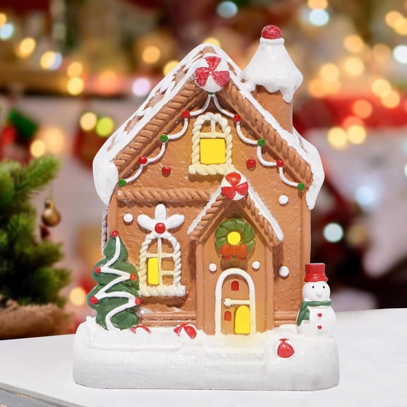 Christmas Gingerbread House Decoration Xmas House Figurines Winter Decor Handmade Polyresin Gingerbread House for Xmas Decor Gifts - Christmas Party Home Table Top Figurines (Brown-2)