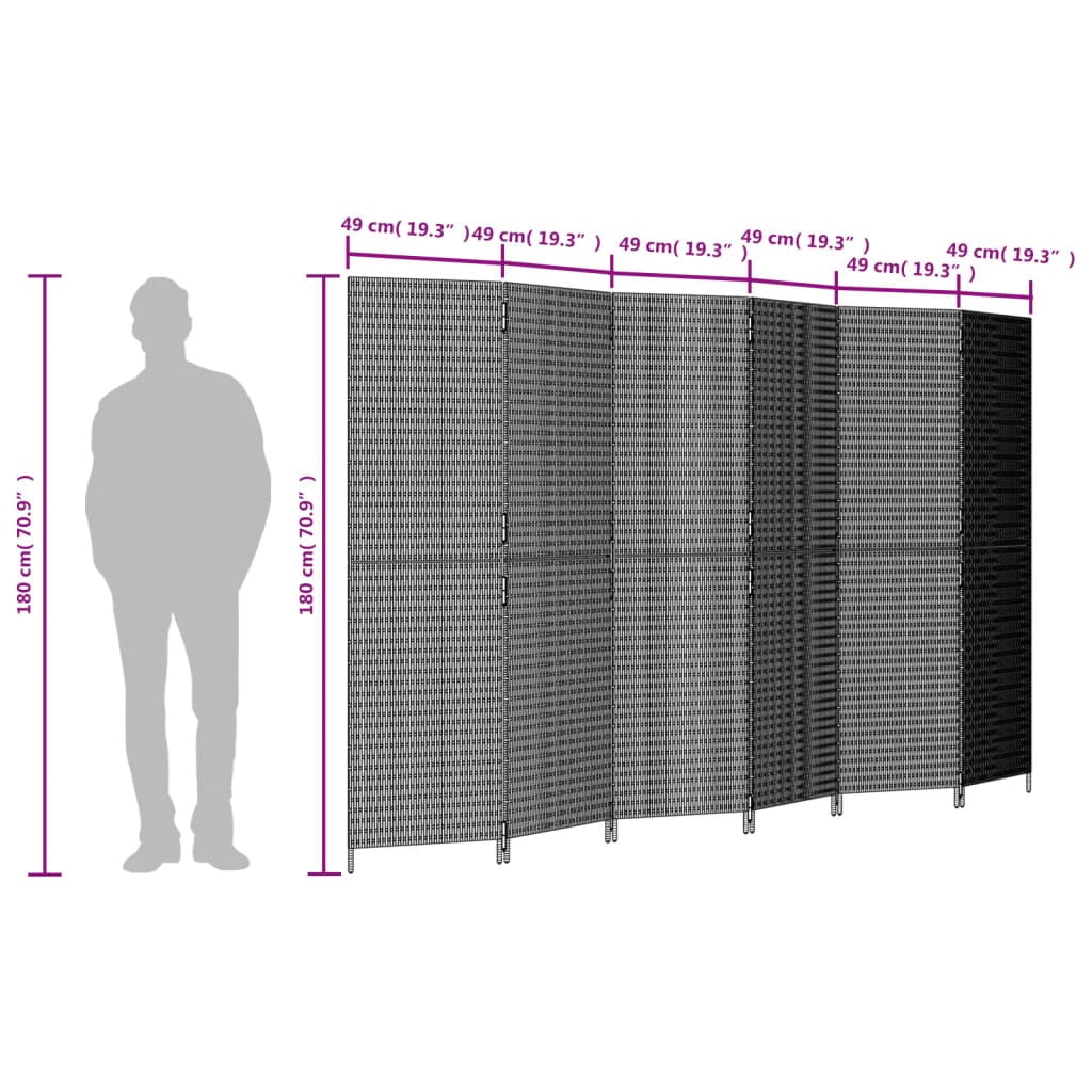 vidaXL Room Divider 6 Panels Gray Poly Rattan