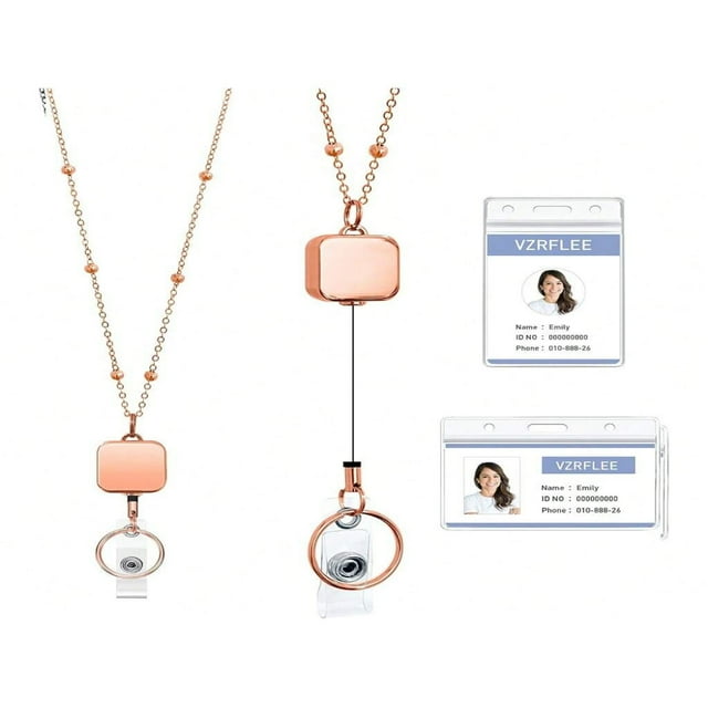 LNGOOR Retractable Badge Reel Lanyard With ID Card Holder ID Card Lanyard New Style Beaded Chain Premium Stainless Steel Lanyard Necklace For Key Office