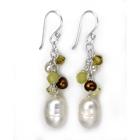 Sterling Silver Cultured Pearl Drop Crystals Stone Crystal Cluster Drop Earrings, Yellow