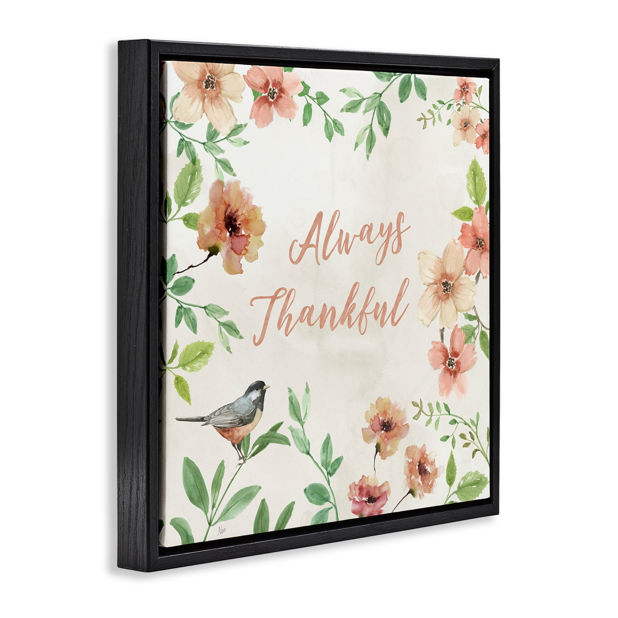 Stupell Industries Always Thankful Floral Botanical & Floral Painting Black Floater Framed Canvas Art Print Wall Art, 18 x 18