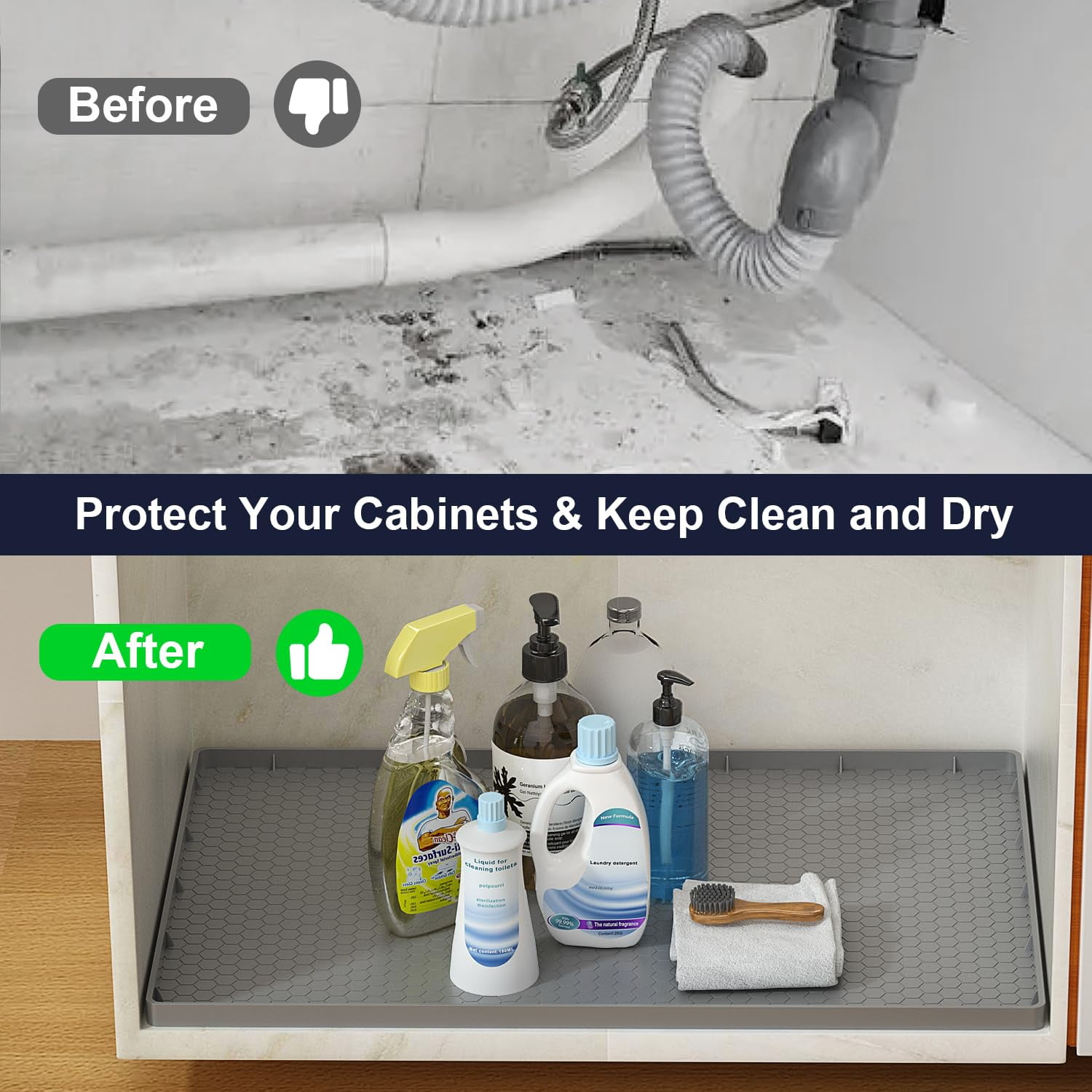 Aertyole 2 Pack Under The Sink Mat, 28" x 22" Waterproof Kitchen Cabinet Mat, Flexible Silicone Under Sink Liner, Kitchen Bathroom Cabinet Mat and Protector for Drips Leaks Spills (Gray)