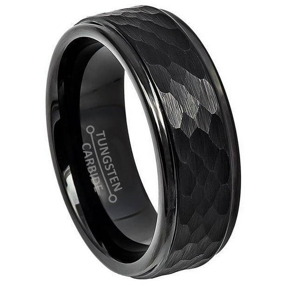 Tungsten Rings for Men Wedding Bands for Him Womens Wedding Bands for Her 6mm All Black Brushed Hammered Center