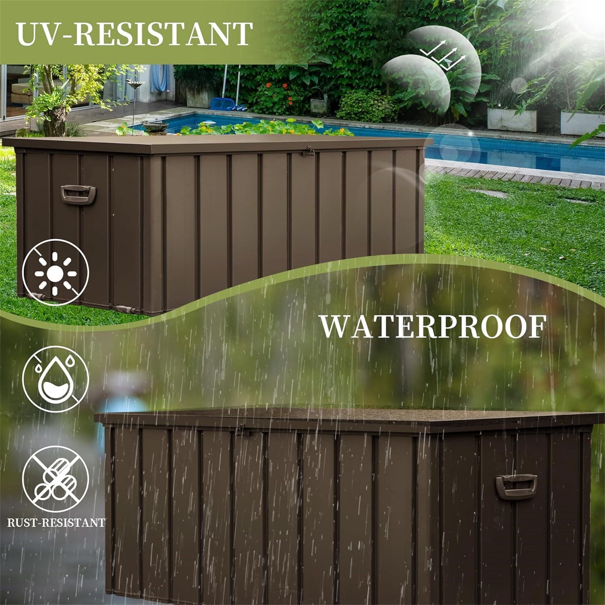Leumius 150 Gallon Outdoor Storage Deck Box Waterproof, Large Patio Storage Bin with Lockable for Outside Cushions, Throw Pillows, Garden Tools (Dark Brown)