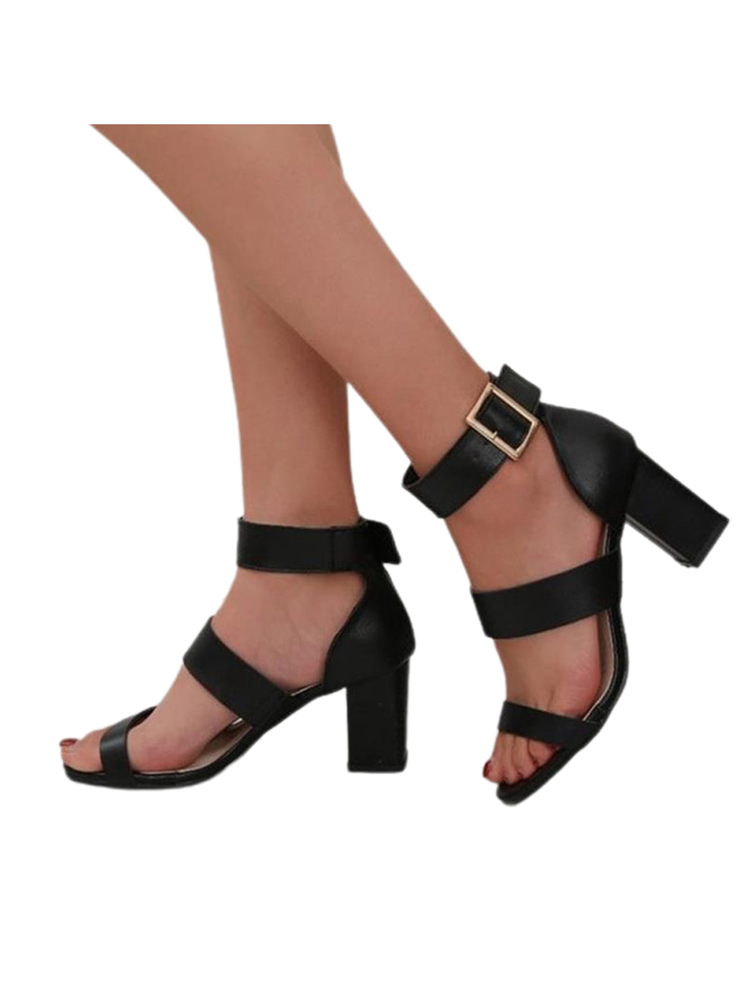 Open Toe Womens Buckle Sandals Slingbacks Summer Block Heels Ankle Strap Shoes 