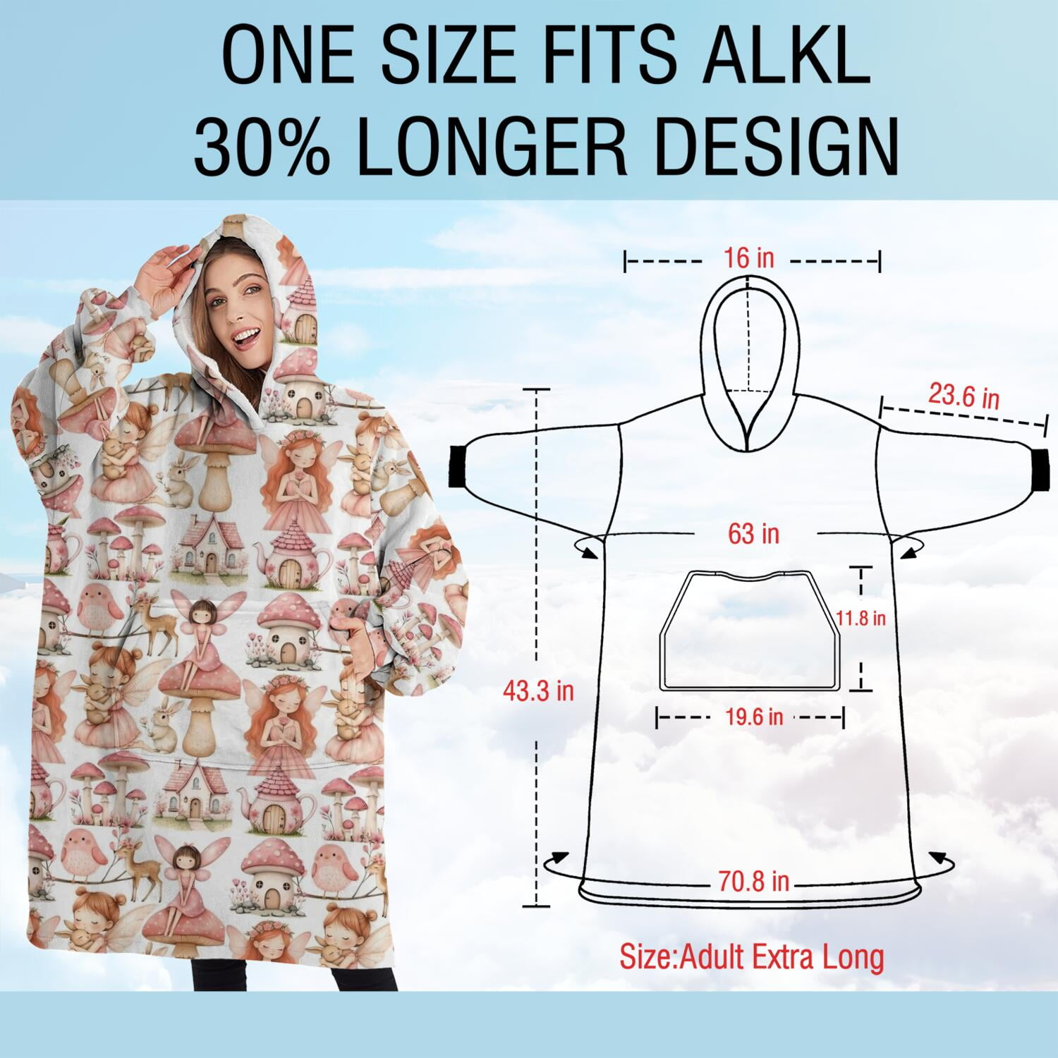 Oversized Wearable Blanket Hoodie,Forest Fairy Princess Pattern Sherpa Blanket Hoodie with Super Pockets,Super Warm Fuzzy Pullover for Women & Men