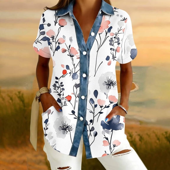 TaTaai Womens Short Sleeve Button Down Shirts Casual Denim Look Collared Blouses with Allover Print Loose Fit for Summer 1-Pack Gift