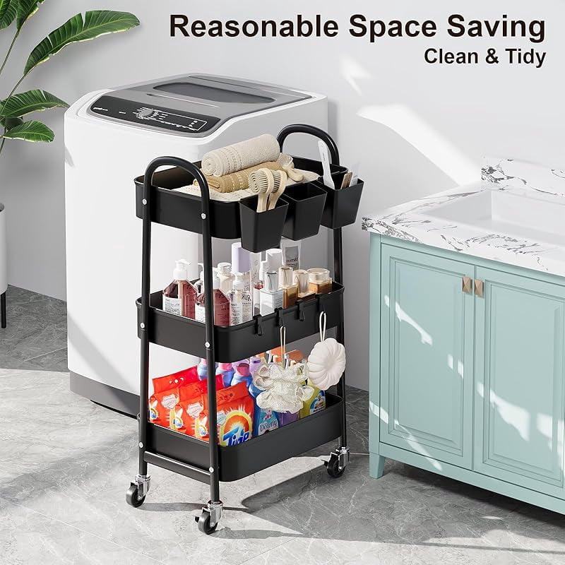 3 Tier Green Metal Rolling Cart with Lockable Wheels and Handle, 3 Tiered Utility Storage Organizer Carts for Teachers, Arts, Craft, Snack, Book, Bedside, Nursery, Cleaning Supplies, Easy Assembly