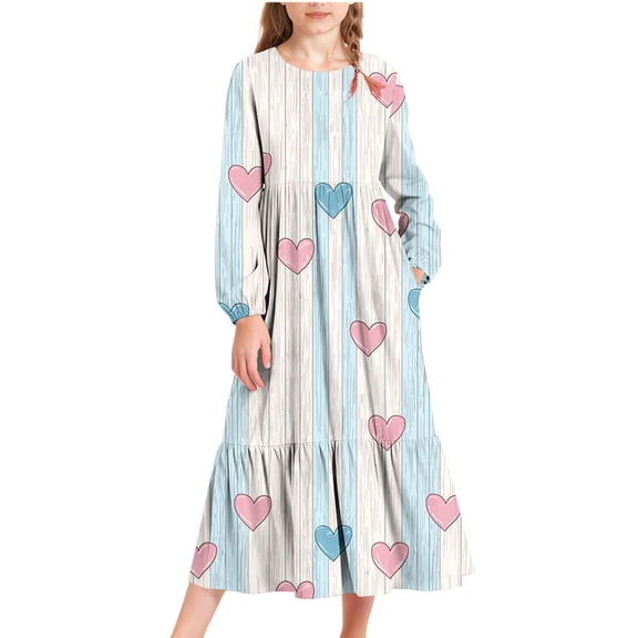 Babcutegg Dresses for Kid Girls Long Sleeve Casual Fashion Valentine's Day Side Pockets Crew Neck Girls Fall and Spring Dresses Multicolor Size 14-15
