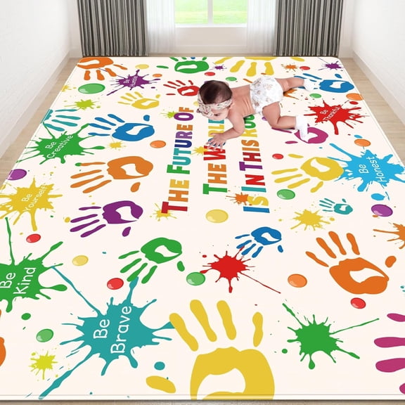 Colorful Kids Rug, Washable Rug for Kids, Handprints Area Rugs for Kid Bedroom, Non-Slip Play Mat Ultra Soft Thick Indoor Plush Rugs for Playroom Classroom Nursery Decor (59 X 39.4 INCH)