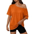 thumbnail image 2 of Harpily Womens T-Shirts Y2K Style Asymmetric Neckline Off Shoulder Short Sleeve Casual Basic Short Sleeve T-Shirt, 2 of 4