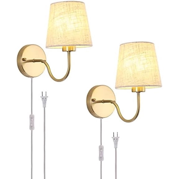 Plug in Wall Sconces Set of Two, Modern Wall Lamp with Plug in Cord 6.56ft & On/Off Switch with Fabric Lampshade, Gold Sconces Wall Lighting Fixture for Bedroom Bedside Living Room Porch