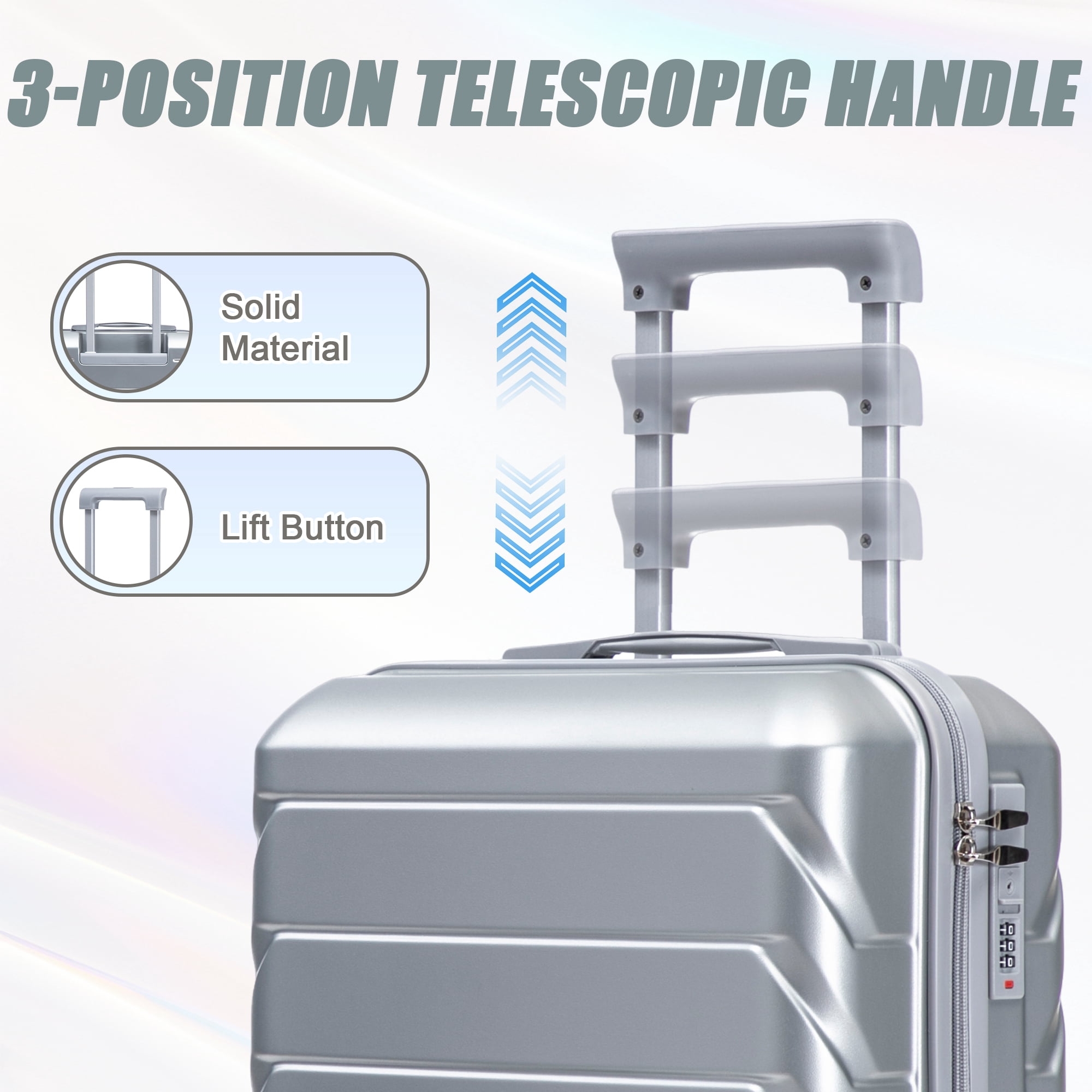 Alvantor 2 Pcs Luggage Set with Combination Lock, 20" ABS Spinner Suitcase & 14" Cosmetic Case, Silver