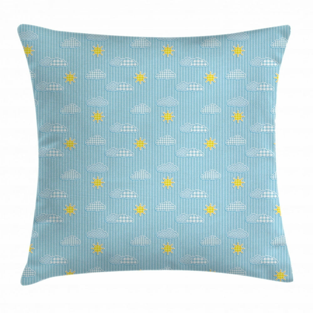 Yellow and Blue Throw Pillow Cushion Cover, Cute Clouds Sun Pattern