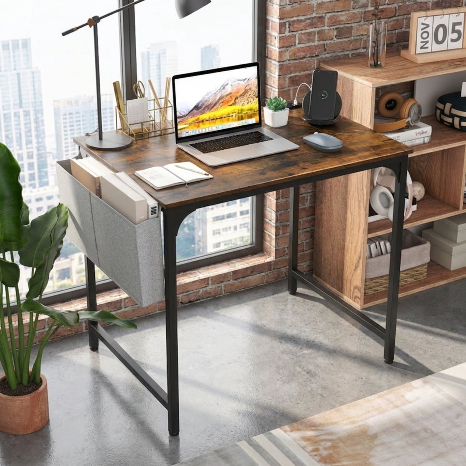 Furnibear 32 Inch Home Office Writing Desk with Charging Station Storage Bag and Headphone Hook - Rustic Brown