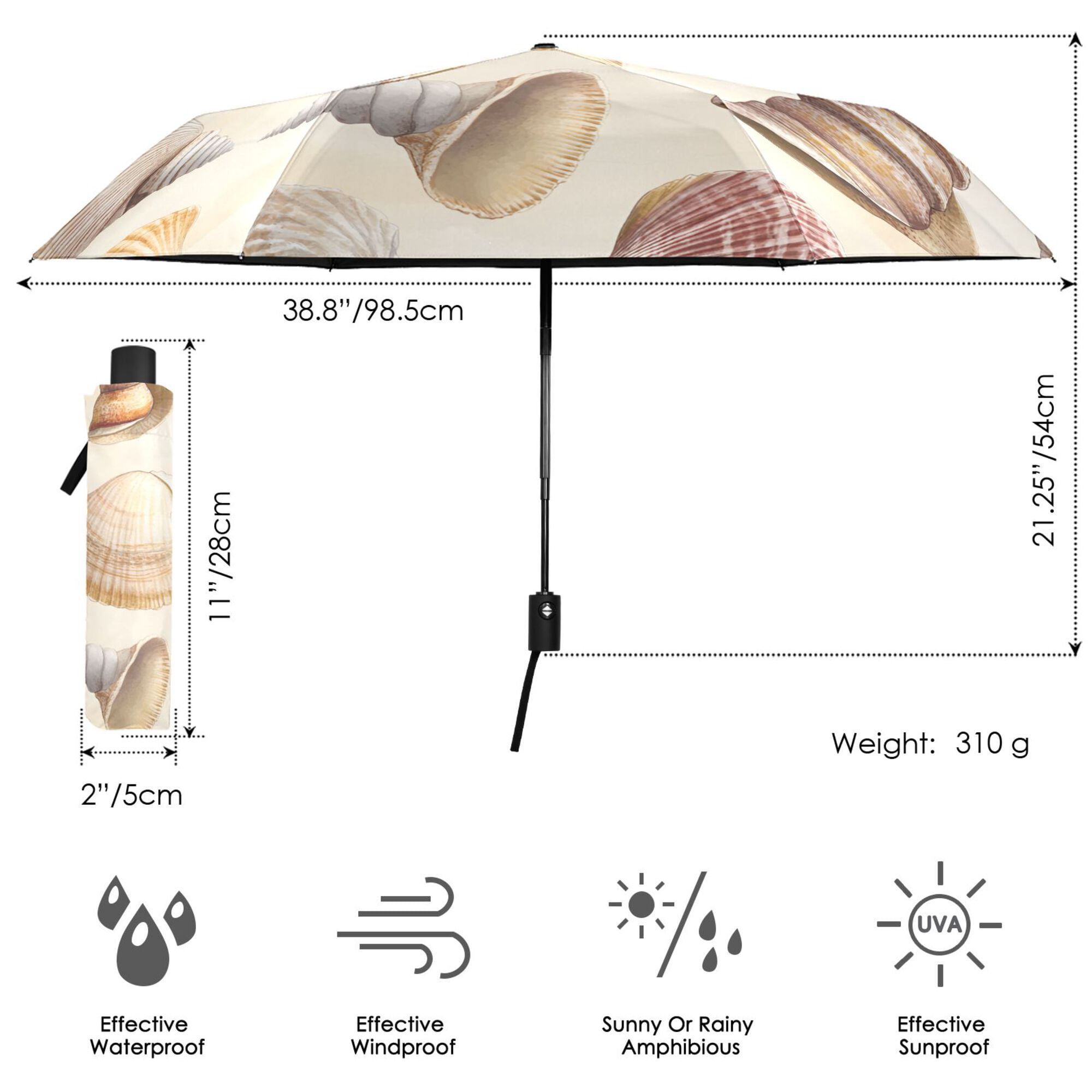 FORMRS Travel Umbrella Folding Auto Open Close Windproof Rain UV Protection, Beige Watercolor Seashells